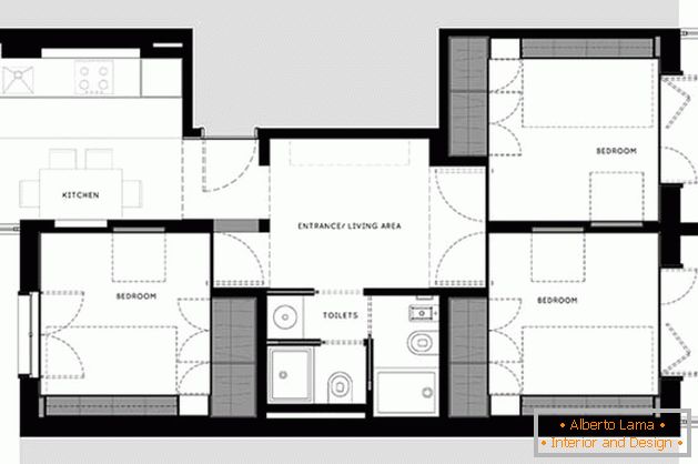 O layout de um pequeno apartamento após a renovação