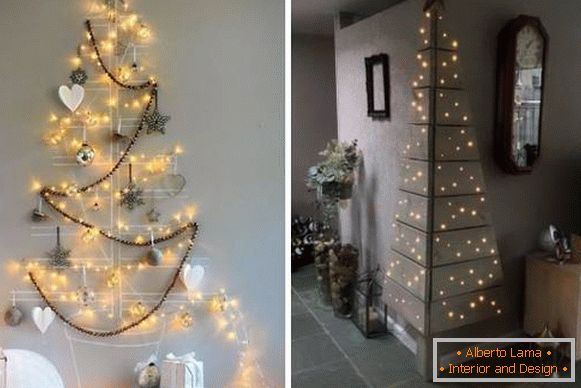 Luzes de ano novo nas paredes - desenho de uma árvore de Natal de uma guirlanda