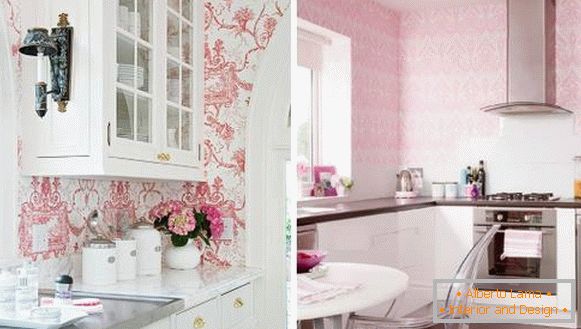 Cozinha rosa com papel de parede nas paredes
