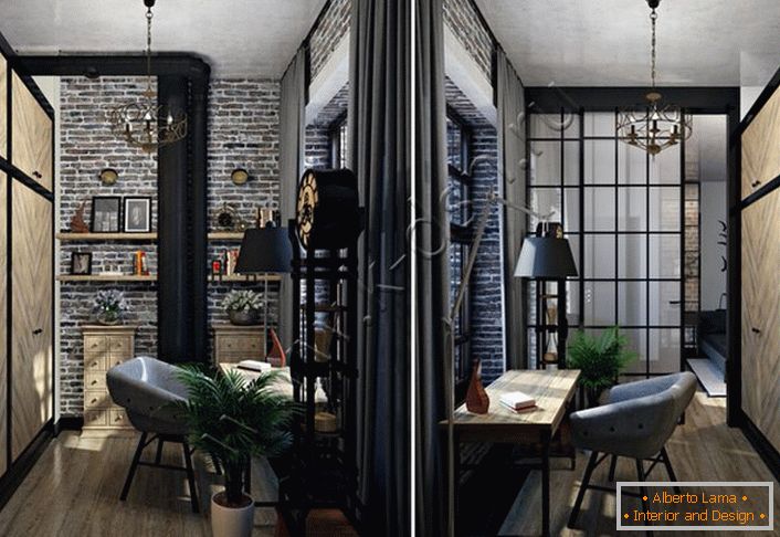 Solução elegante para o escritório. Loft é interessante decoração de interiores. A mobília moderna olha rentável na perspectiva do revestimento áspero do tijolo cinzento. 