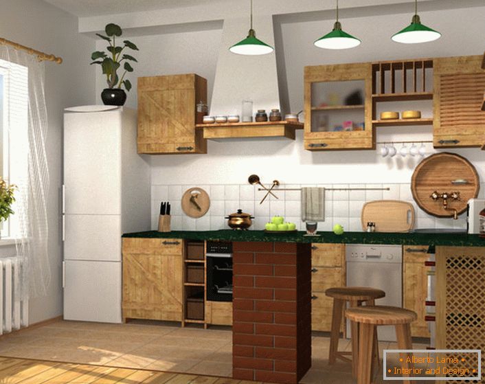 Projeto de design para uma pequena cozinha em um apartamento na cidade ou casa particular. 