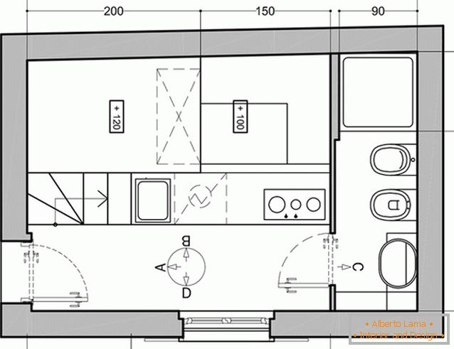 O layout do primeiro nível de um pequeno apartamento em Milão
