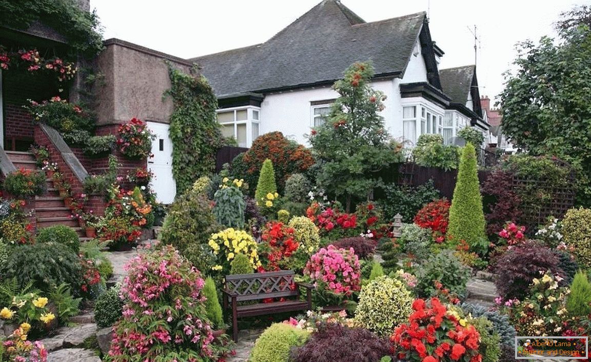 Jardim da frente na frente da casa em um estilo romântico