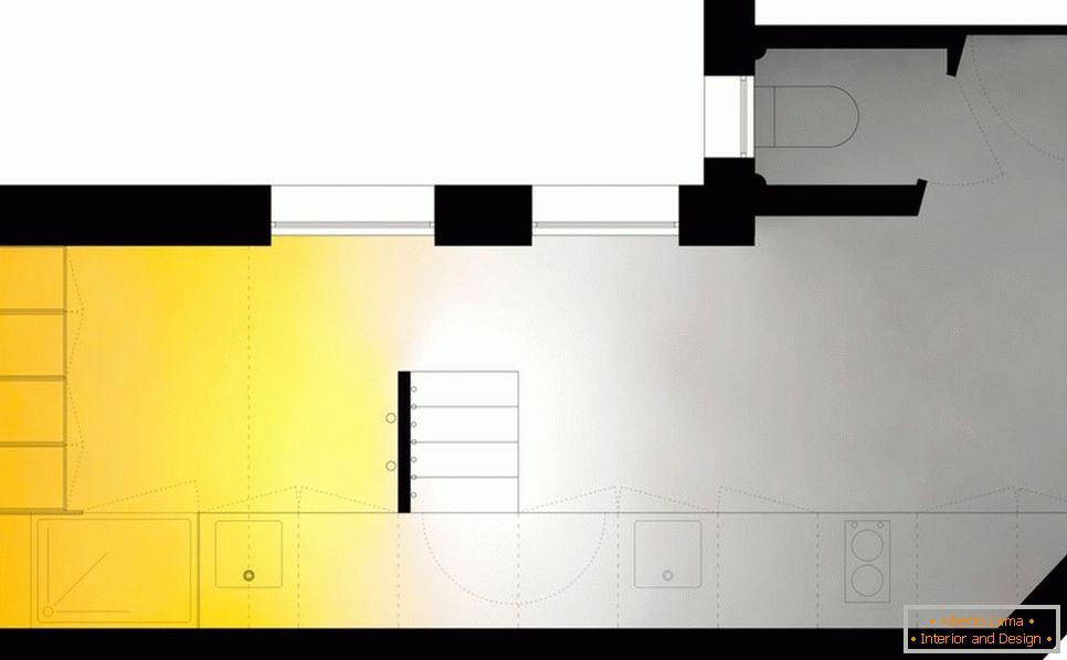 O layout de um apartamento de dois andares estreito