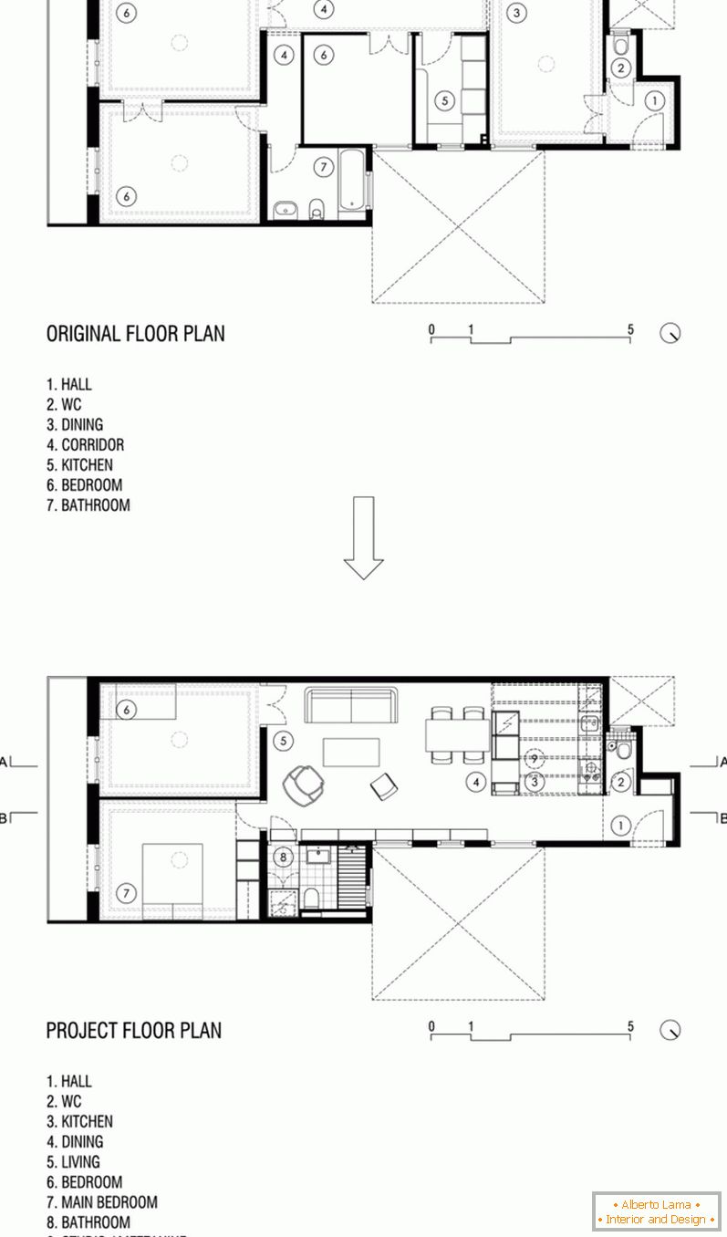 Layout de um apartamento com tetos altos antes e depois dos reparos