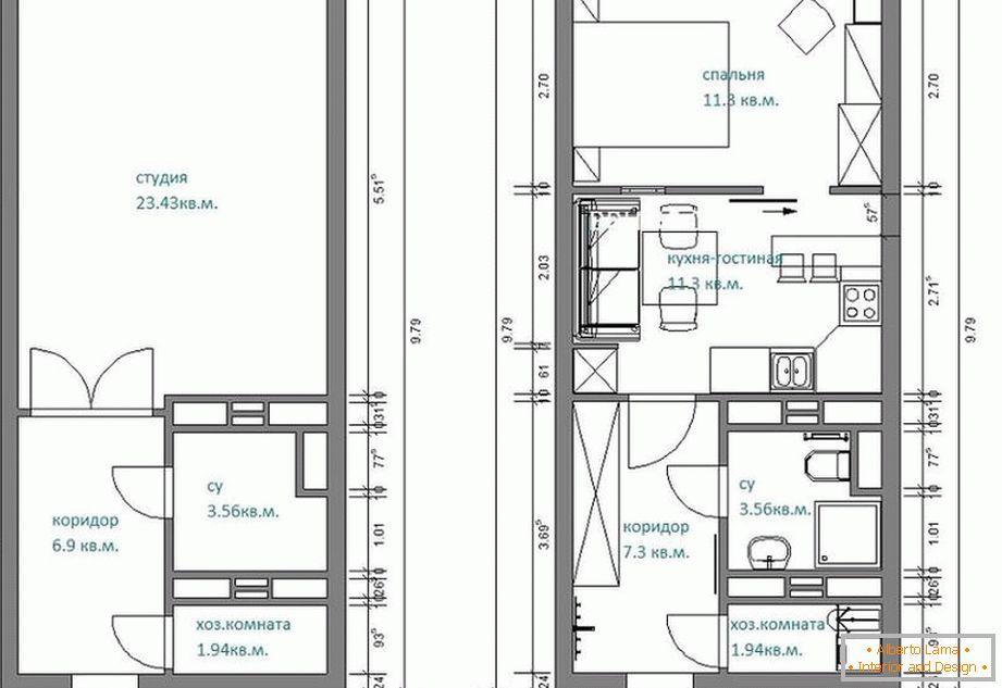 O layout de um apartamento estúdio estreito na Rússia