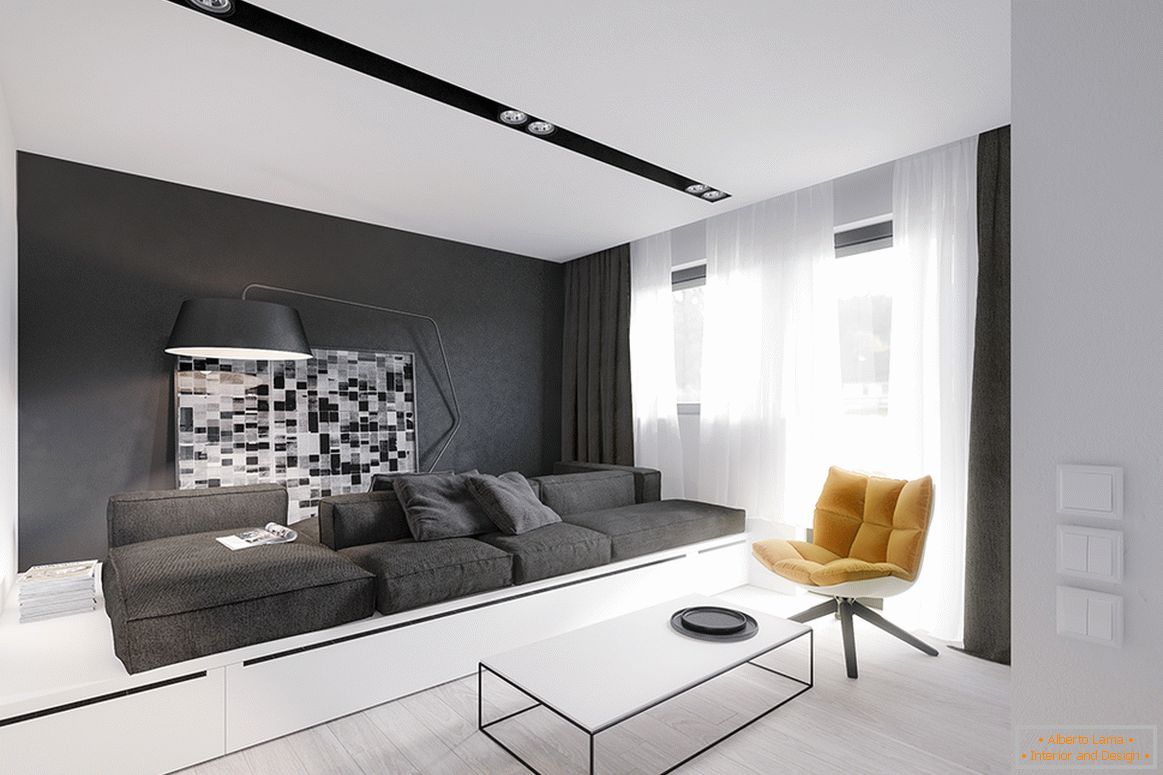 Interior de um pequeno apartamento em preto e branco