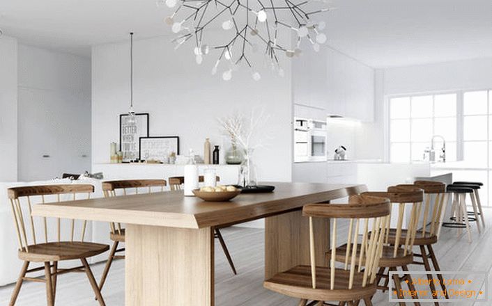 Uma elegante sala de jantar no estilo minimalista escandinavo.
