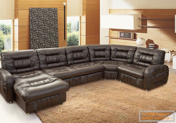 Designer de luxo de móveis estofados em couro para uma espaçosa sala de estar.