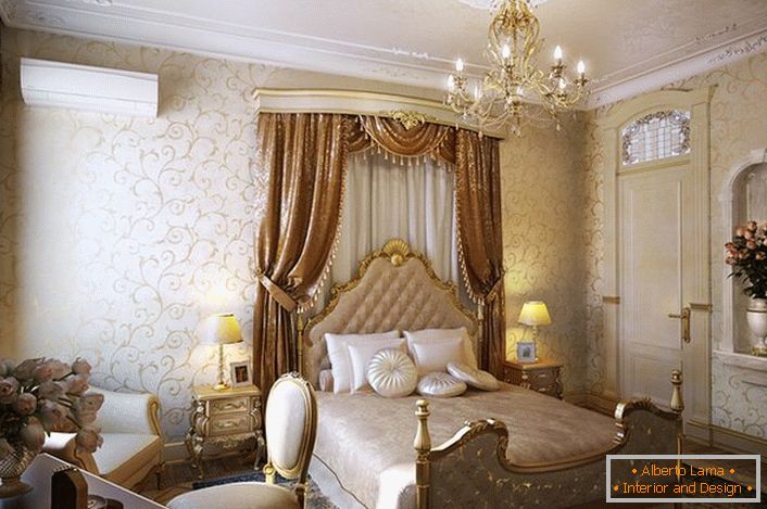 Apenas mobiliário adequadamente selecionado, como neste quarto, pode se tornar um exemplo vívido do estilo barroco.