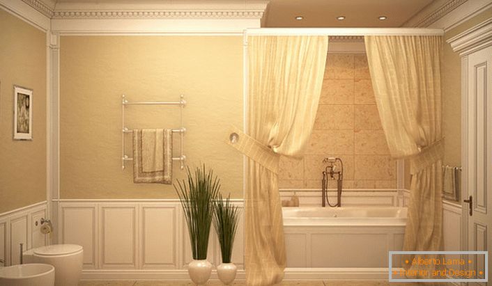 O banheiro é coberto com cortinas de luz no estilo do romantismo.