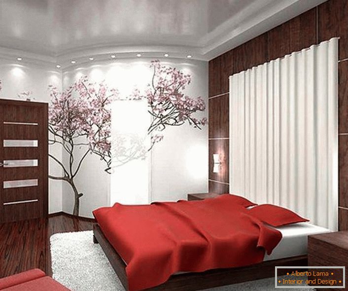 Muitas vezes, para o design de interiores no estilo do minimalismo japonês, é usada uma imagem de flores de cerejeira japonesas. 