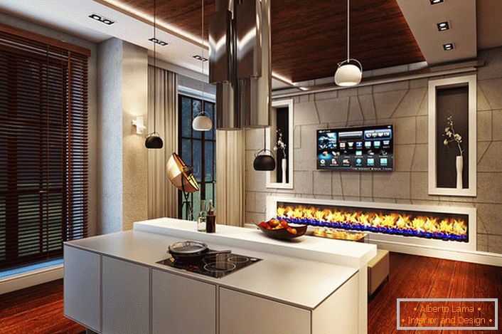 Então, parece uma bio-lareira no interior de uma cozinha espaçosa em estilo high-tech.