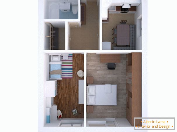 O layout de um apartamento de dois quartos для семьи с ребёнком