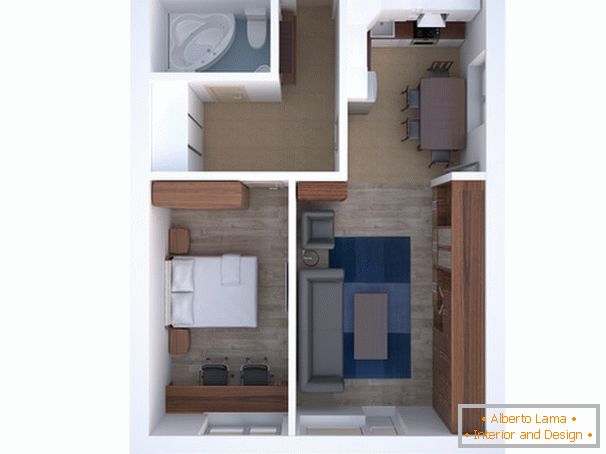 O layout de um apartamento de dois quartos для пары средних лет