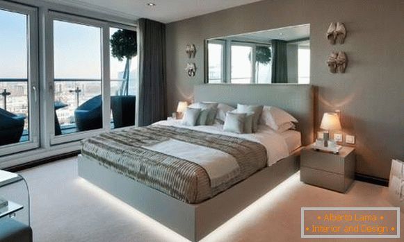Design de um quarto com uma cama com iluminação Led