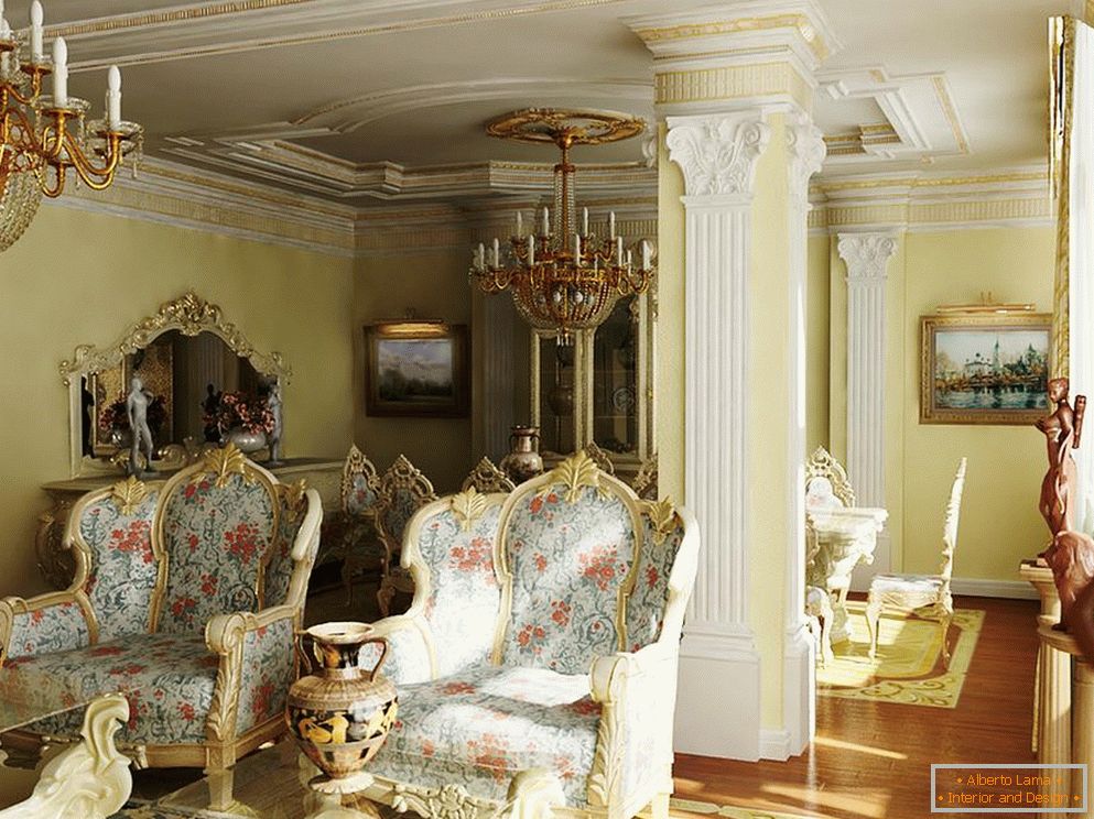 Requintado, luxuoso estilo barroco para um quarto de hóspedes. O exemplo correto de iluminação para o estilo barroco.