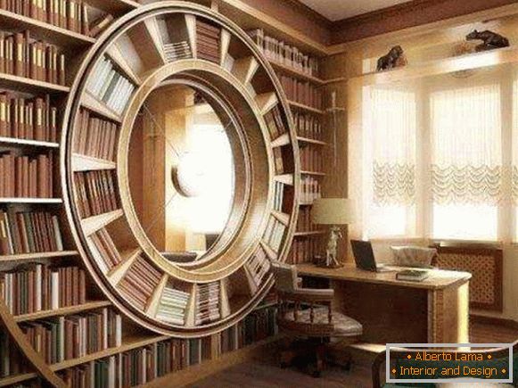 Prateleiras de livros em uma parede de madeira
