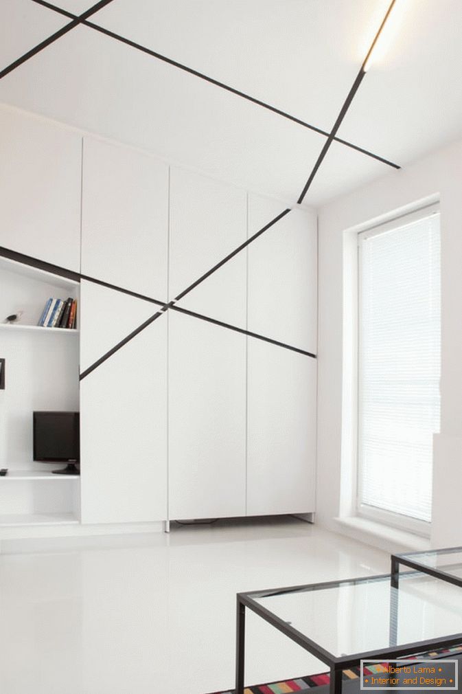 Padrão geométrico no interior de um estúdio preto e branco