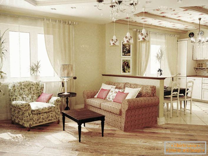 O projeto de design foi feito sob a ordem de uma jovem senhora. Um interior suave e modesto para uma sala de estar em estilo rural de estilo provençal.