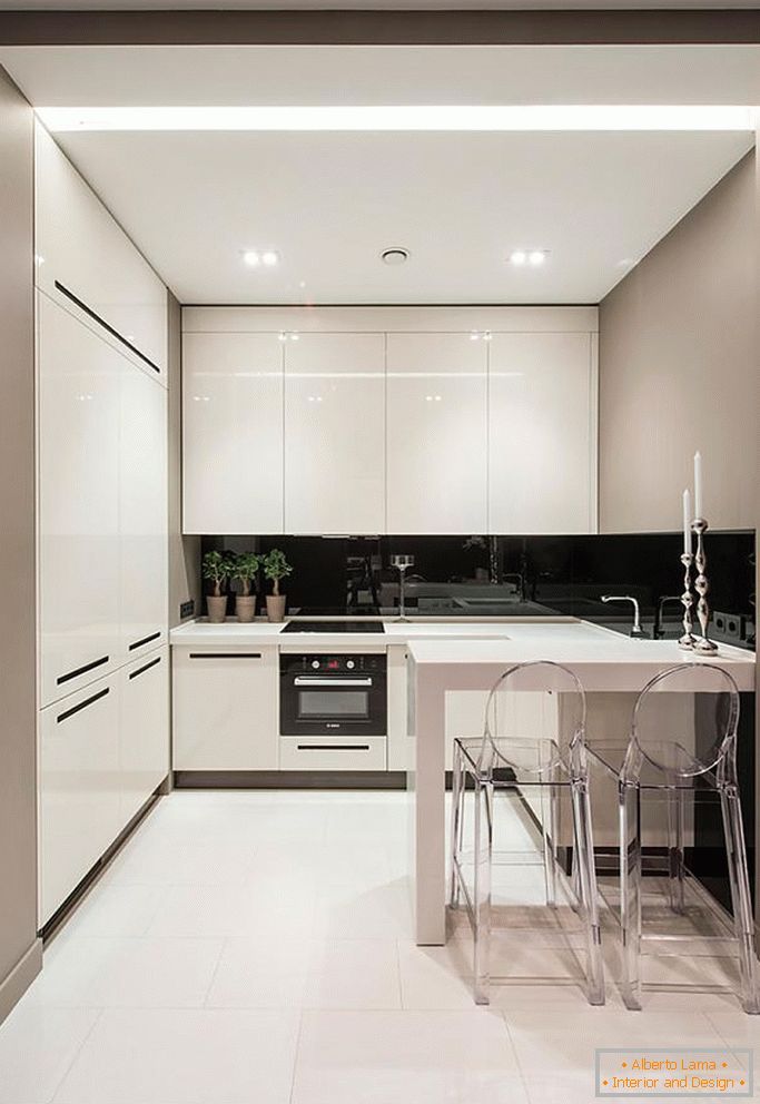 Elegante cozinha preto e branco em um pequeno espaço