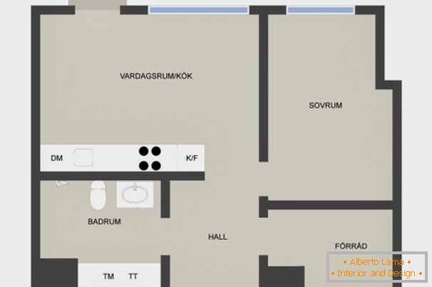 O layout de um apartamento de dois quartos