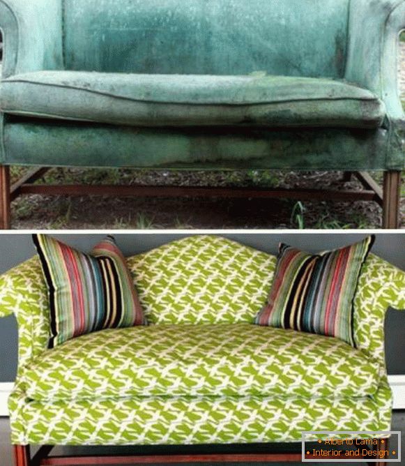 Estofamento de mobiliário estofado - foto do sofá antes e depois da substituição de estofos