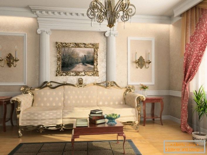 De acordo com os requisitos do estilo francês, o quarto é decorado com moldagem de estuque.