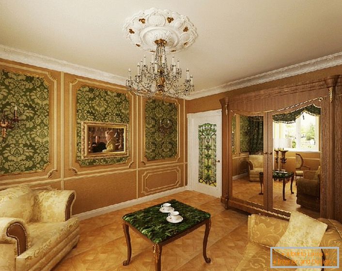 Nobre cor verde em combinação com ouro amarelo parece rentável em um quarto de hóspedes em estilo amper.