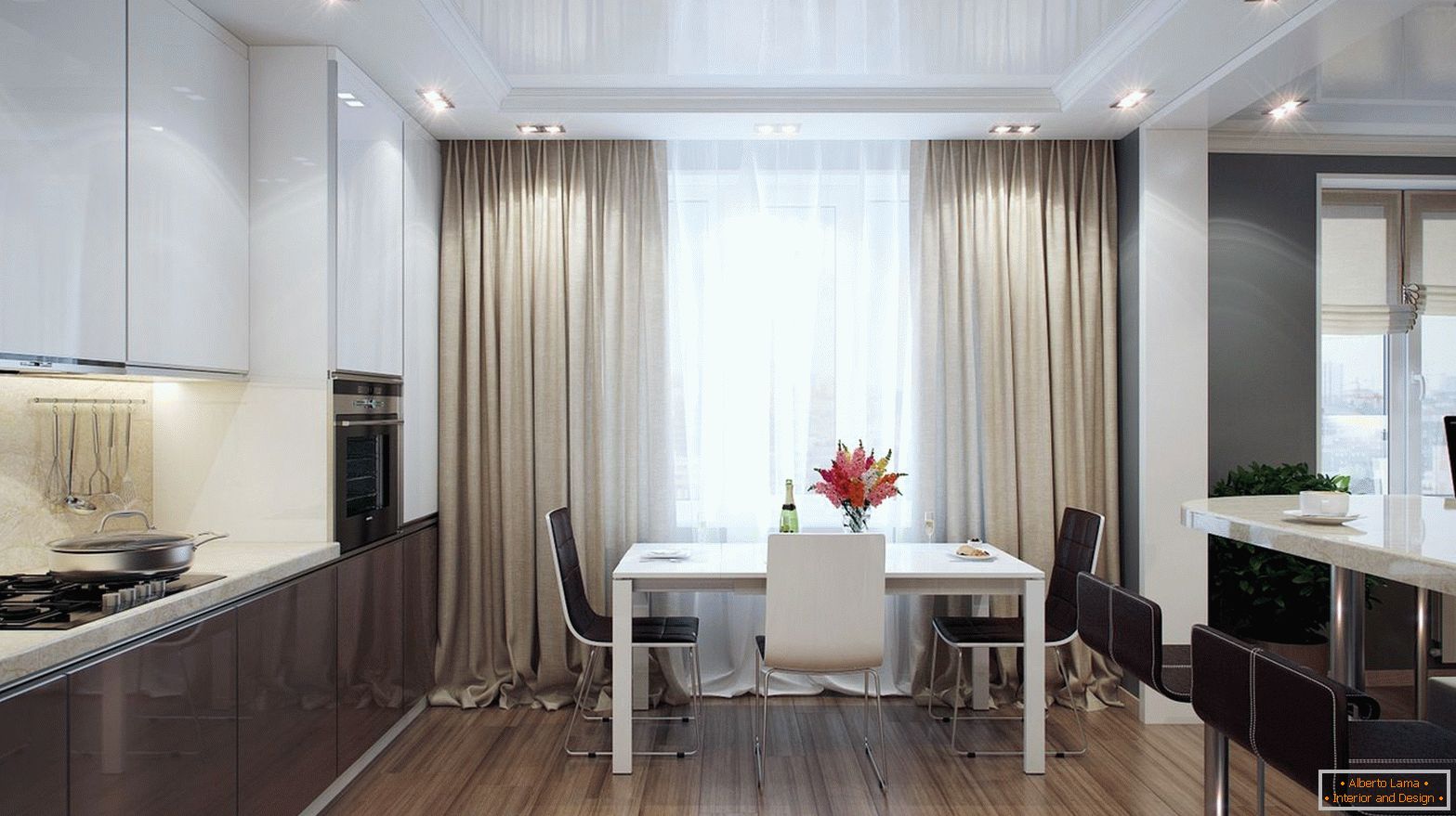 Cozinha moderna com cortinas cinzentas
