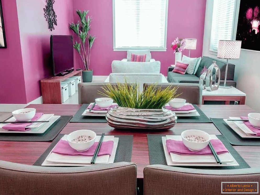 Sala de estar cinza-rosa