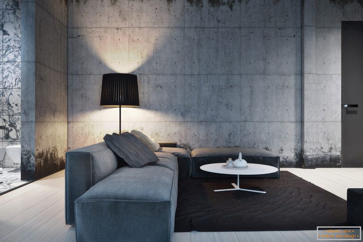Sala de estar em estilo minimalista com piso cinza