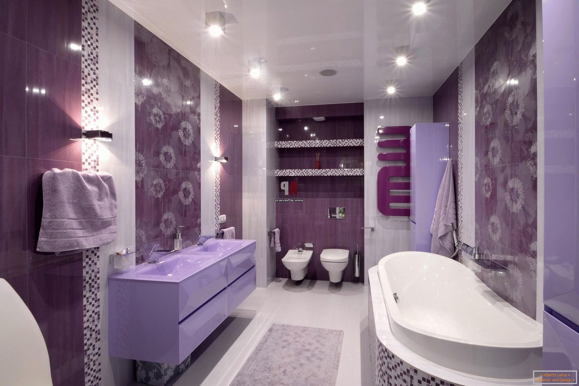 Design luxuoso do banheiro em flores lilás