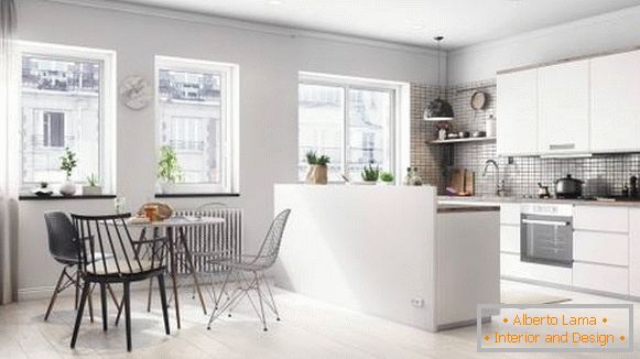 Cozinha e sala de jantar no apartamento escandinavo