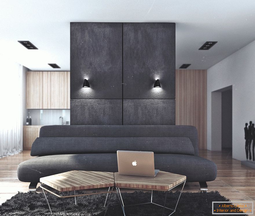 A combinação de preto e madeira na sala de estar em um apartamento para um bacharel de sucesso na Rússia