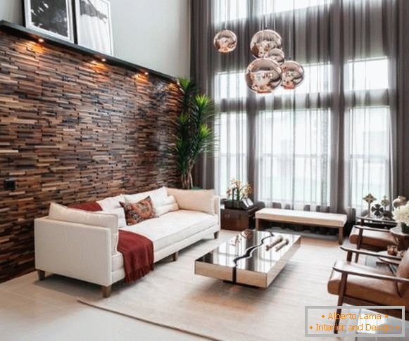Painéis de madeira no interior - design elegante sala de estar