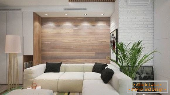 Decoração de parede com painéis de madeira - foto da sala de estar em estilo moderno