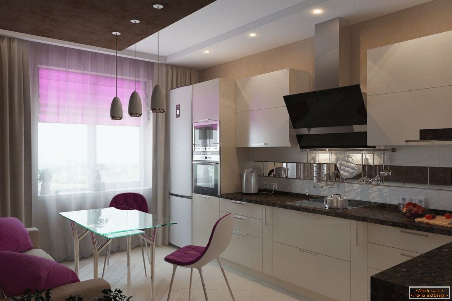 Cozinha branca com elementos lilás de decoração