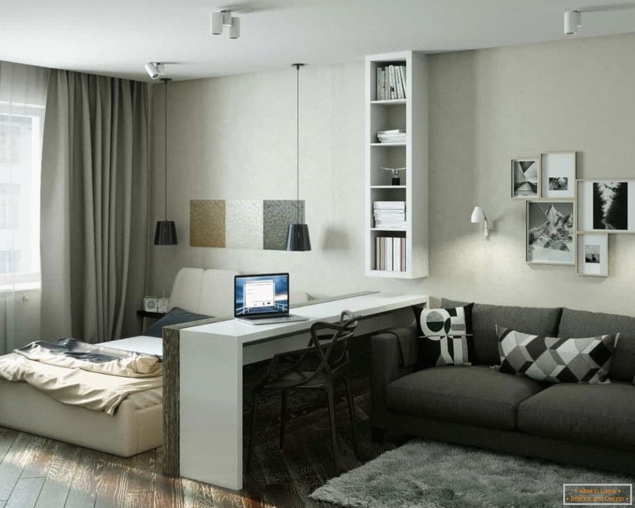 Design moderno de um apartamento de um quarto