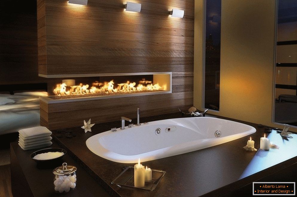 Design moderno de uma casa de banho com lareira