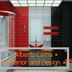 Interior de casa de banho em cores vermelhas, pretas e cinza