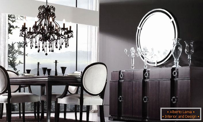 No design da sala de jantar, tons mais escuros de cor marrom são usados ​​em maior medida. O estilo art déco com contrastes pronunciados é luxuoso e elegante. 