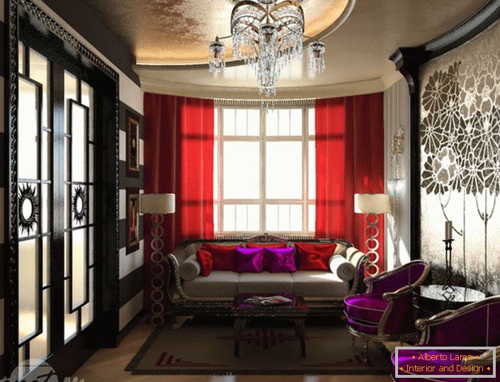 A iluminação foi selecionada de acordo com os requisitos para o design de pequenas salas. O estilo art déco impressiona pela sua pompa e elegância. 