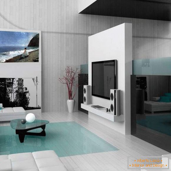Uma pequena sala de estar em um apartamento em estilo high-tech - foto interior
