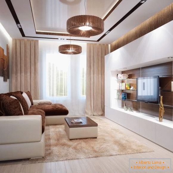 Design moderno do salão no apartamento в белом и коричневом цвете