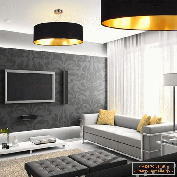 Design moderno do salão no apartamento в черно-белом цвете