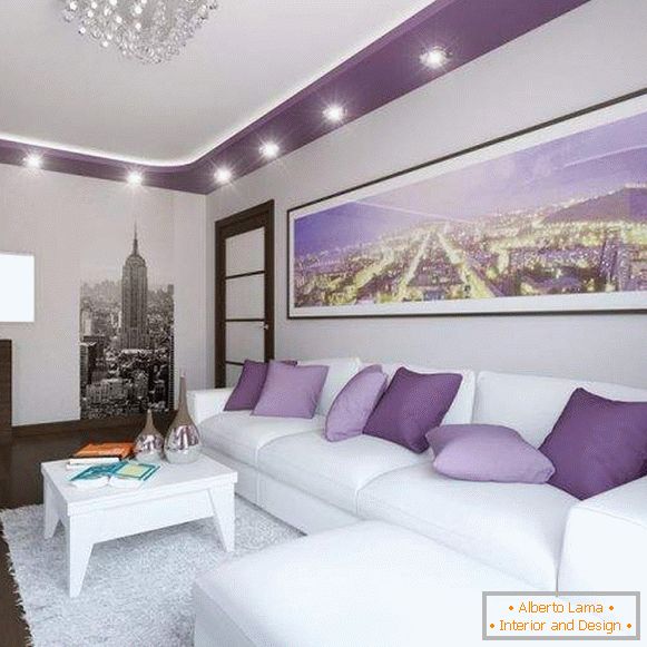 Design moderno do salão no apartamento в белом и фиолетовом цвете