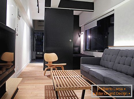 Projeto de um minúsculo apartamento em preto e branco