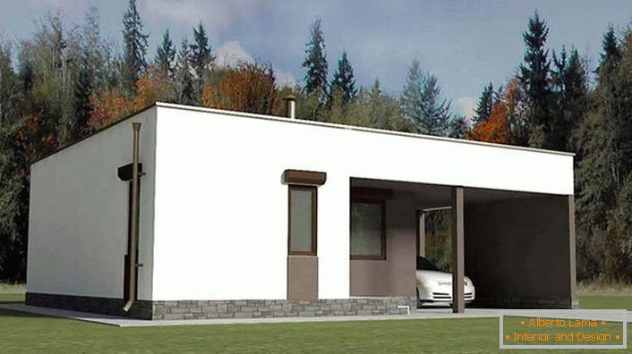 Uma casa de um andar em estilo high-tech com uma pequena garagem é uma opção excelente e barata para os imóveis suburbanos.