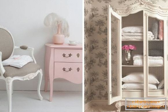 Mobiliário bonito para um quarto no estilo da Provence - exemplos na foto